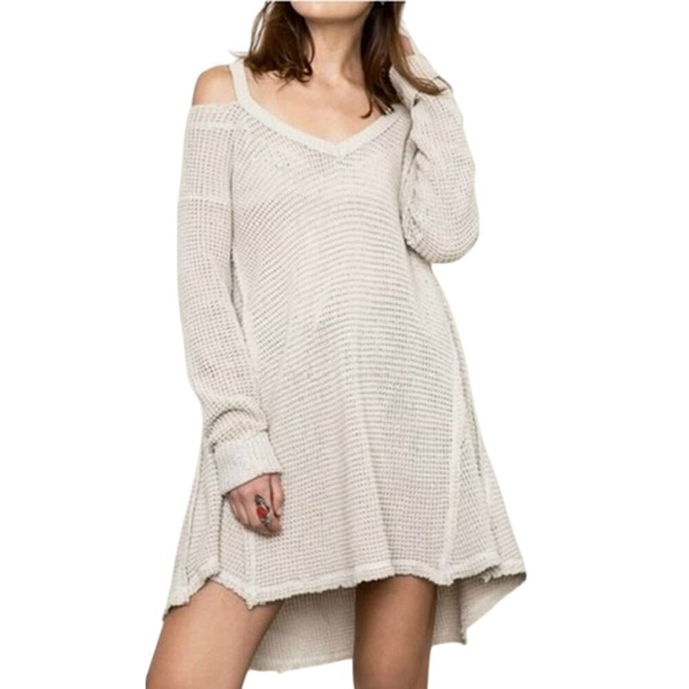 Hayden Los Angeles Cold Shoulder Sweater Dress Beige Size Large beach coastal